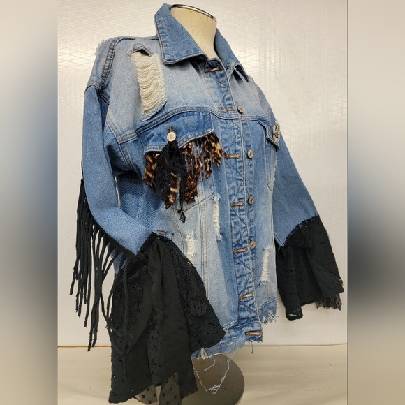 Jean Jacket with Fringe & Lace Sleeves, Winged Goddess, Lone Wolf Upcycled - Picture 2 of 10